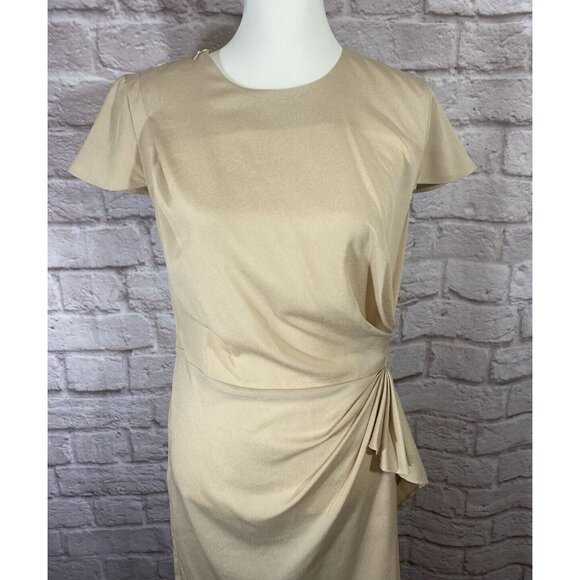 Venus Sheath Dress 10 Beige Tan Gathered Side Elastic Back Short Polyester 9684 - Picture 4 of 9